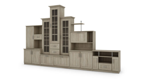 Klasikinė sieninė spintelė su trijų vitrinų spintele, baru ir televizoriaus spintele, 280 × 207 cm, Sonoma Jasna  – HADES + RTV