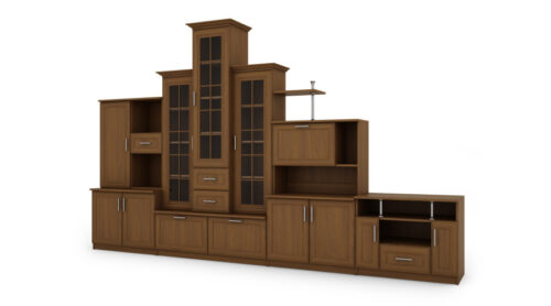 Klasikinė sieninė spintelė su trijų vitrinų spintele, baru ir televizoriaus spintele 280 × 207 cm, Wiśnia Porto – HADES + RTV