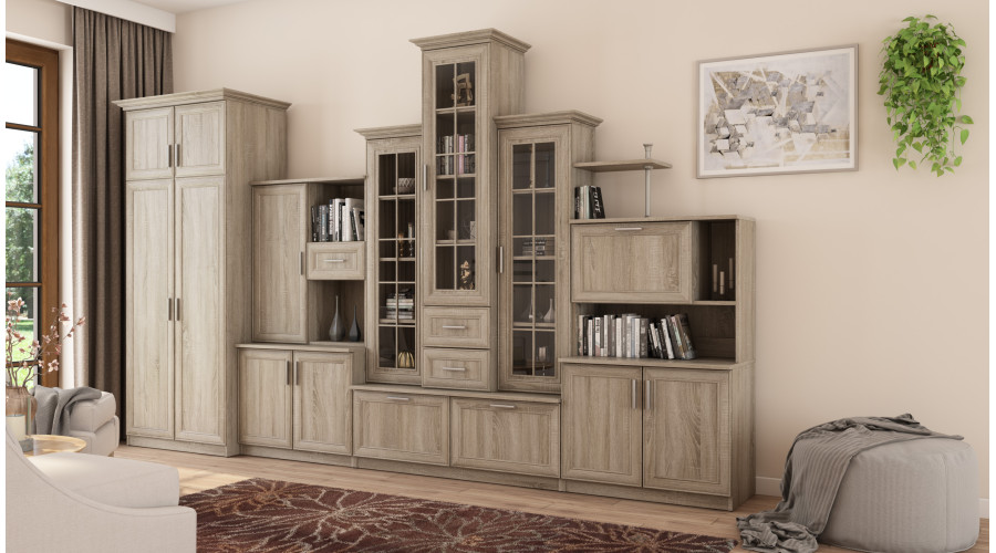 Klasikinė sieninė spintelė su triguba vitrina ir erdvia spinta 360 × 207 cm Sonoma Jasna – HADES + Drabužinė — изображение 2