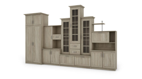 Klasikinė sieninė spintelė su triguba vitrina ir erdvia spinta 360 × 207 cm Sonoma Jasna – HADES + Drabužinė