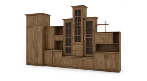 Klasikinė sieninė spintelė su trijų vitrinų spintele ir erdvia spinta, 360 × 207 cm, Dąb Lefkas – HADES + Drabužinė