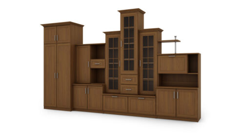 Klasikinė sieninė spintelė su triguba vitrina ir erdvia spinta 360 × 207 cm Wiśnia Porto – HADES + Drabužinė