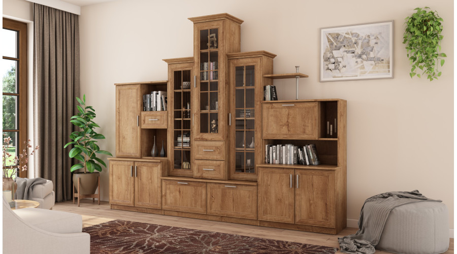 Klasikinė sieninė spintelė su trijų dalių vitrina ir knygų lentyna, 280 × 207 cm, Dąb Lefkas – HADES - Paveikslėlis 3