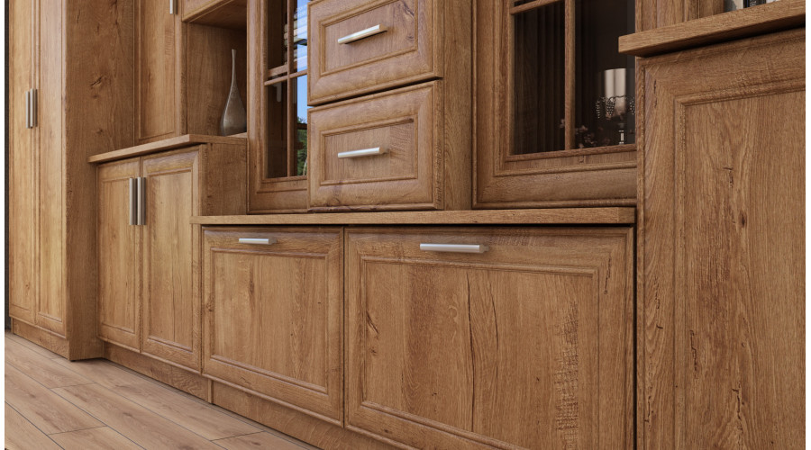 Klasikinė sieninė spintelė su trijų dalių vitrina ir knygų lentyna, 280 × 207 cm, Dąb Lefkas – HADES - Paveikslėlis 5