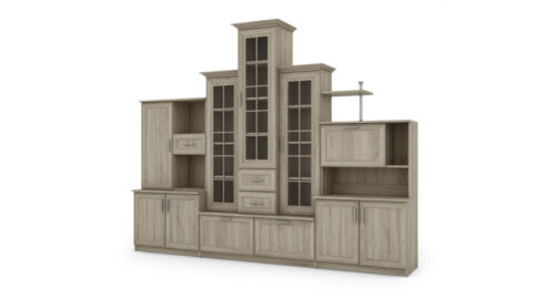 Klasikinė sieninė spintelė su trijų dalių vitrina ir knygų lentyna, 280 × 207 cm, Sonoma Jasna – HADES