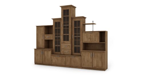 Klasikinė sieninė spintelė su trijų dalių vitrina ir knygų lentyna 280 × 207 cm Wiśnia Porto – HADES