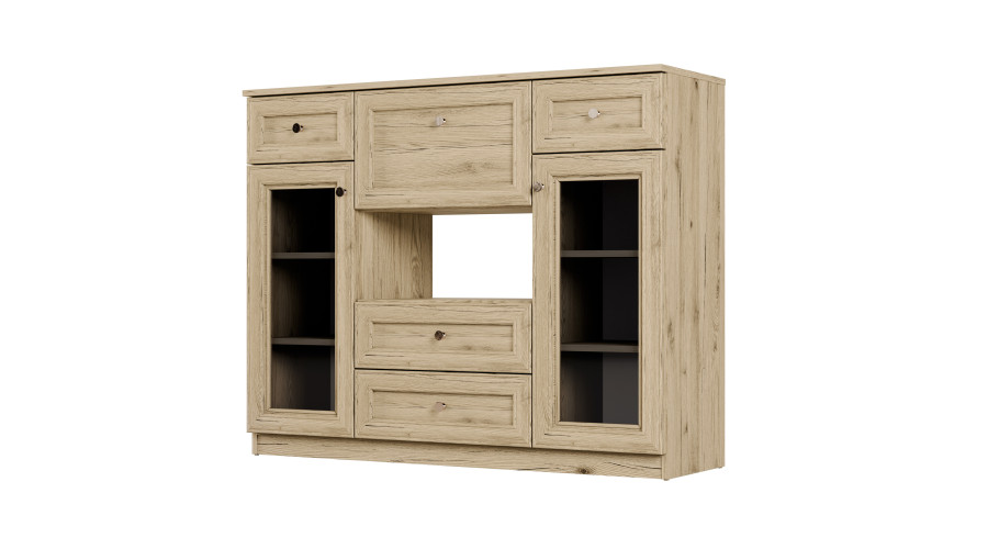 Komoda su stikline vitrina 140 cm, natūralus ąžuolas, Ola