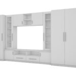Kompaktiška sieninė spintelė su spintomis, stiklinėmis vitrinomis ir televizoriaus zona, 370 × 200 cm, Biel – NEPTUN