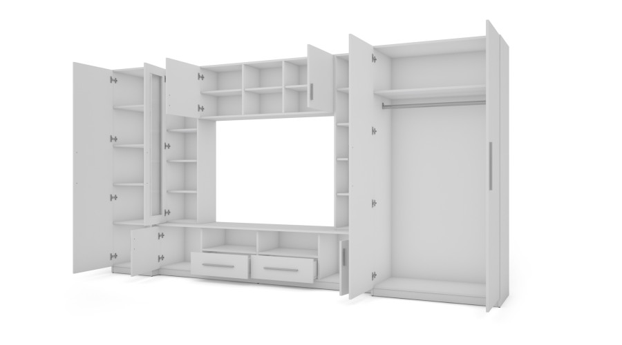Kompaktiška sieninė spintelė su spintomis, stiklinėmis vitrinomis ir televizoriaus zona, 370 × 200 cm, Biel – NEPTUN — изображение 3