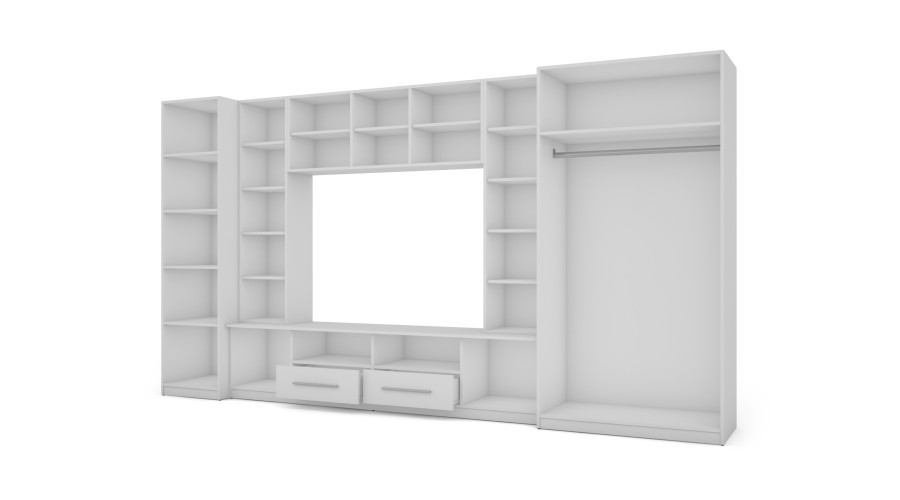 Kompaktiška sieninė spintelė su spintomis, stiklinėmis vitrinomis ir televizoriaus zona, 370 × 200 cm, Biel – NEPTUN — изображение 4
