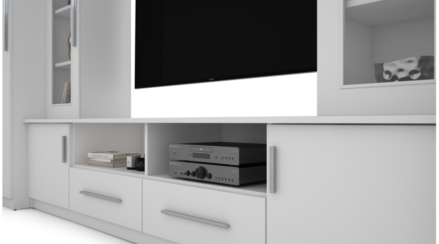 Kompaktiška sieninė spintelė su spintomis, stiklinėmis vitrinomis ir televizoriaus zona, 370 × 200 cm, Biel – NEPTUN — изображение 5