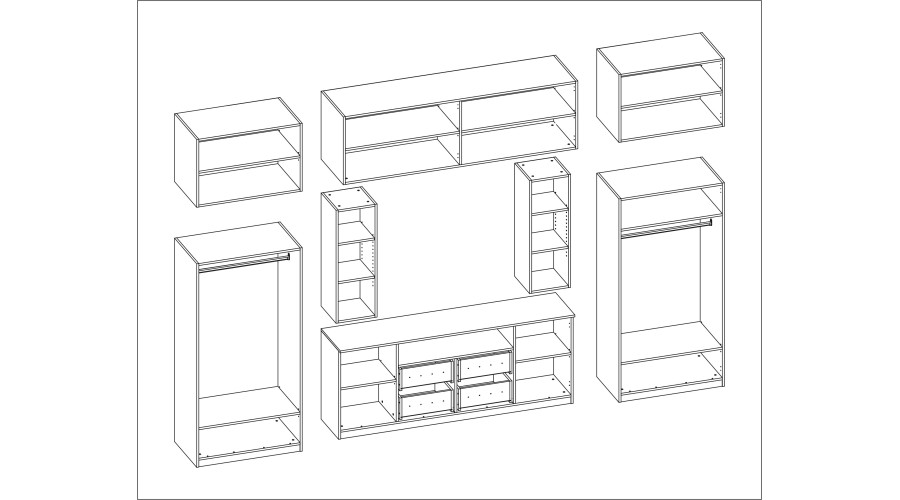Kompaktiška sieninė spintelė su spintomis, stiklinėmis vitrinomis ir televizoriaus zona, 370 × 200 cm, Biel – NEPTUN — изображение 7