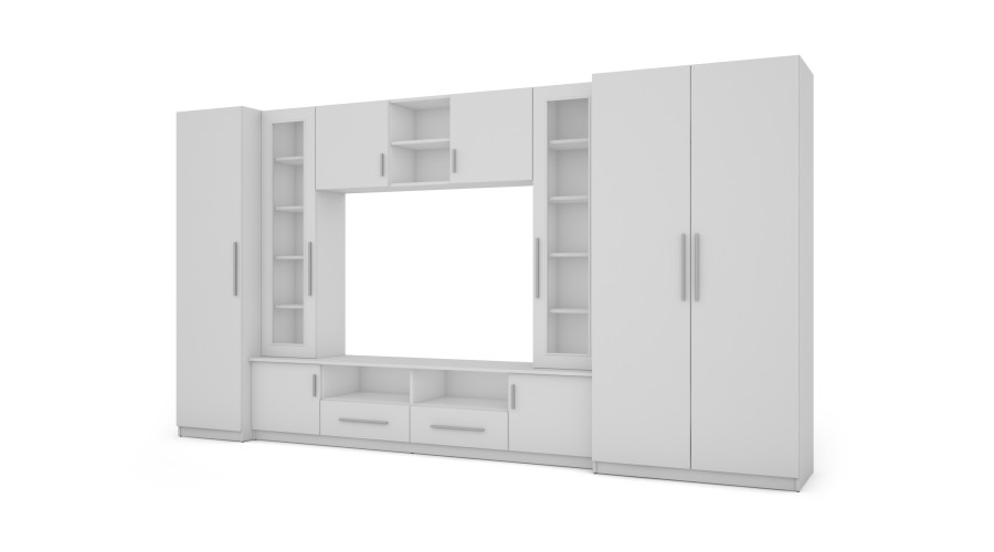 Kompaktiška sieninė spintelė su spintomis, stiklinėmis vitrinomis ir televizoriaus zona, 370 × 200 cm, Biel – NEPTUN