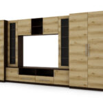 Kompaktiška sieninė spintelė su spintomis, stiklinėmis vitrinomis ir televizoriaus zona 370 × 200 cm, tamsus Sonoma Ciemna / Dąb Grand – NEPTUN