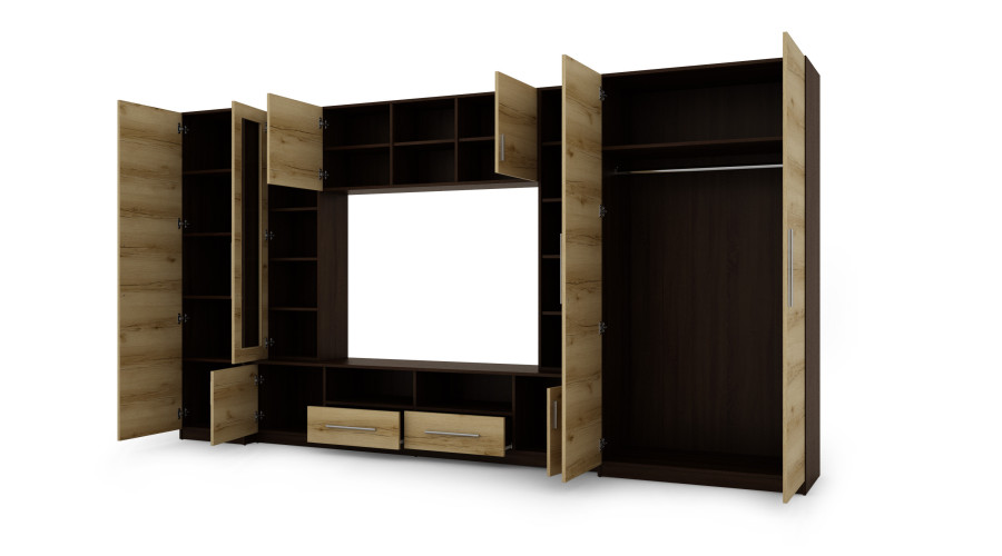 Kompaktiška sieninė spintelė su spintomis, stiklinėmis vitrinomis ir televizoriaus zona 370 × 200 cm, tamsus Sonoma Ciemna / Dąb Grand – NEPTUN - Paveikslėlis 3