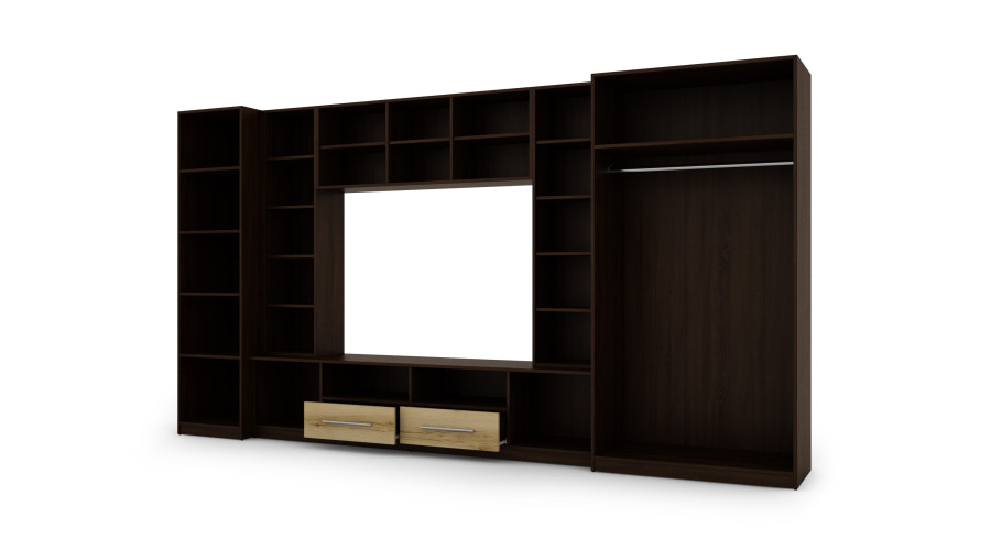 Kompaktiška sieninė spintelė su spintomis, stiklinėmis vitrinomis ir televizoriaus zona 370 × 200 cm, tamsus Sonoma Ciemna / Dąb Grand – NEPTUN - Paveikslėlis 4