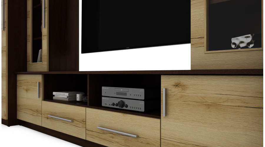Kompaktiška sieninė spintelė su spintomis, stiklinėmis vitrinomis ir televizoriaus zona 370 × 200 cm, tamsus Sonoma Ciemna / Dąb Grand – NEPTUN - Paveikslėlis 5