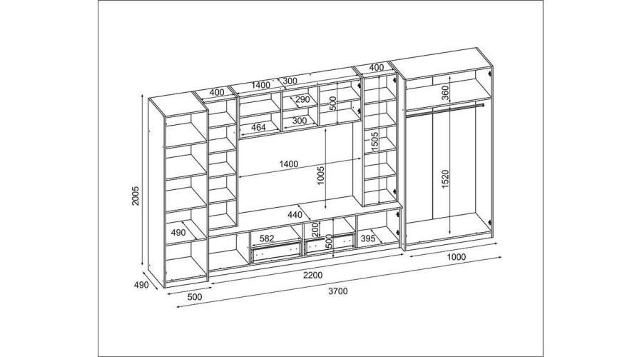 Kompaktiška sieninė spintelė su spintomis, stiklinėmis vitrinomis ir televizoriaus zona 370 × 200 cm, tamsus Sonoma Ciemna / Dąb Grand – NEPTUN - Paveikslėlis 6