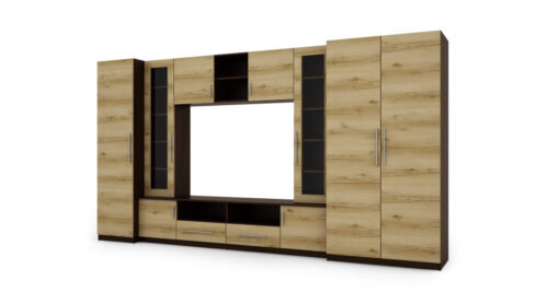 Kompaktiška sieninė spintelė su spintomis, stiklinėmis vitrinomis ir televizoriaus zona 370 × 200 cm, tamsus Sonoma Ciemna / Dąb Grand – NEPTUN