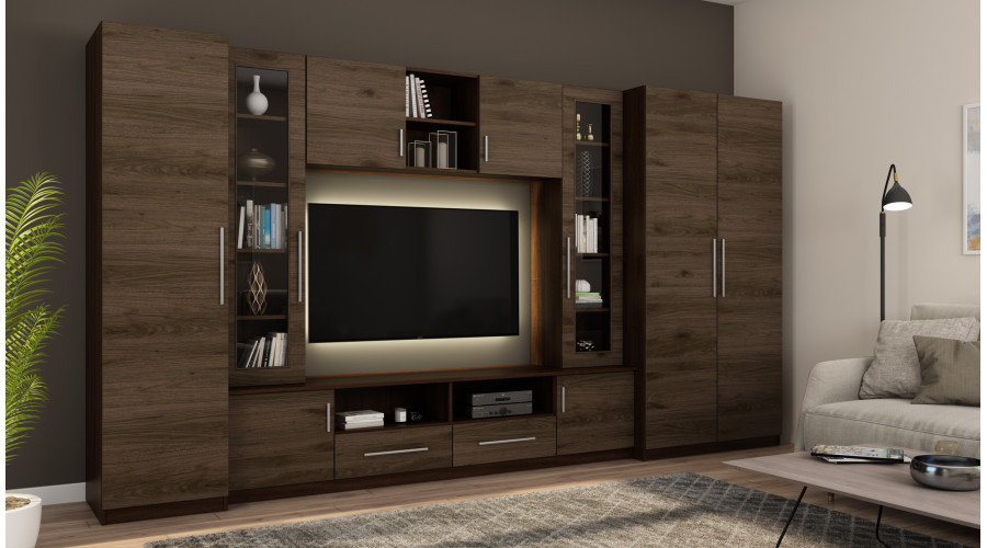 Kompaktiška sieninė spintelė su spintomis, stiklinėmis vitrinomis ir televizoriaus zona, 370 × 200 cm,Sonoma Ciemna / Orzech Okapi – NEPTUN - Paveikslėlis 2