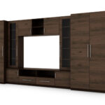 Kompaktiška sieninė spintelė su spintomis, stiklinėmis vitrinomis ir televizoriaus zona, 370 × 200 cm,Sonoma Ciemna / Orzech Okapi – NEPTUN