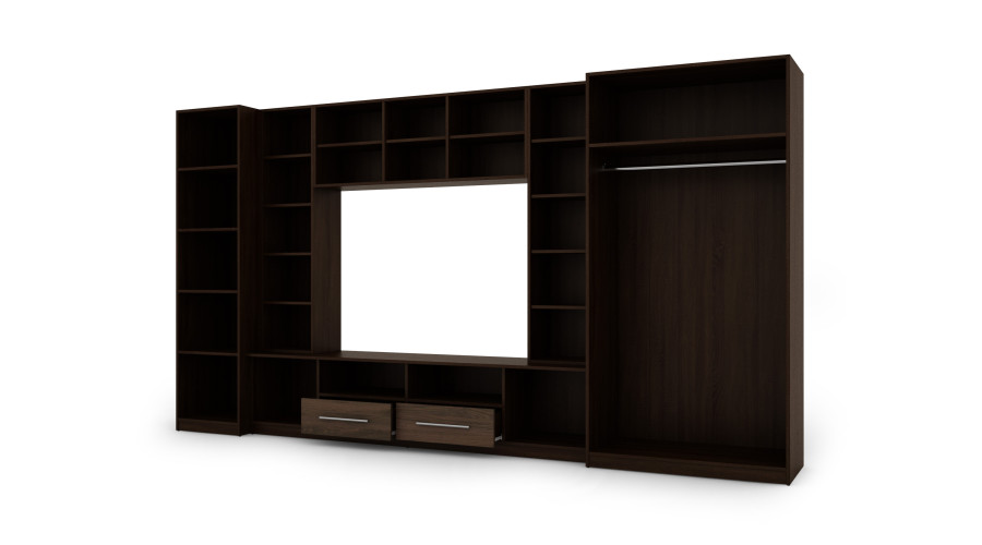 Kompaktiška sieninė spintelė su spintomis, stiklinėmis vitrinomis ir televizoriaus zona, 370 × 200 cm,Sonoma Ciemna / Orzech Okapi – NEPTUN - Paveikslėlis 4