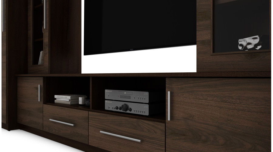 Kompaktiška sieninė spintelė su spintomis, stiklinėmis vitrinomis ir televizoriaus zona, 370 × 200 cm,Sonoma Ciemna / Orzech Okapi – NEPTUN - Paveikslėlis 5