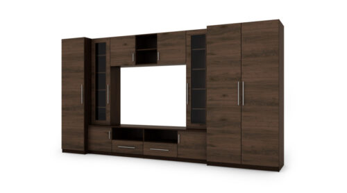 Kompaktiška sieninė spintelė su spintomis, stiklinėmis vitrinomis ir televizoriaus zona, 370 × 200 cm,Sonoma Ciemna / Orzech Okapi – NEPTUN