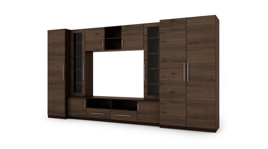 Kompaktiška sieninė spintelė su spintomis, stiklinėmis vitrinomis ir televizoriaus zona, 370 × 200 cm,Sonoma Ciemna / Orzech Okapi – NEPTUN