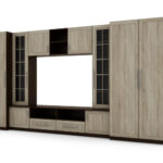 Kompaktiška sieninė spintelė su spintomis, stiklinėmis vitrinomis ir televizoriaus zona 370 × 200 cm Sonoma Ciemna / Sonoma Jasna – NEPTUN