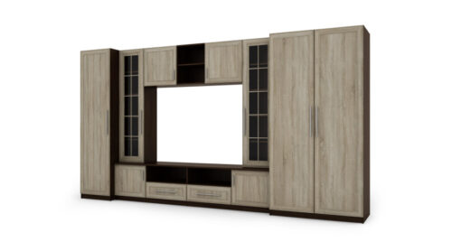 Kompaktiška sieninė spintelė su spintomis, stiklinėmis vitrinomis ir televizoriaus zona 370 × 200 cm Sonoma Ciemna / Sonoma Jasna – NEPTUN