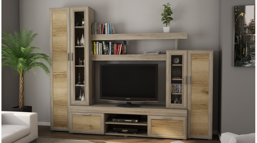 Maža sieninė spintelė su vitrina ir vieta televizoriui, 266 × 210 cm, Sonoma Jasna / Dąb Grand Naturalny – APOLLO - Paveikslėlis 2