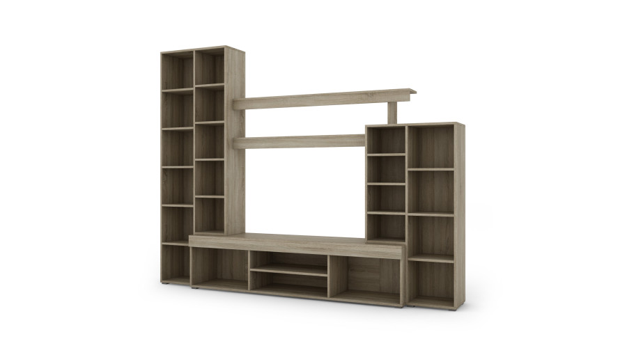 Maža sieninė spintelė su vitrina ir vieta televizoriui, 266 × 210 cm, Sonoma Jasna / Dąb Grand Naturalny – APOLLO - Paveikslėlis 3