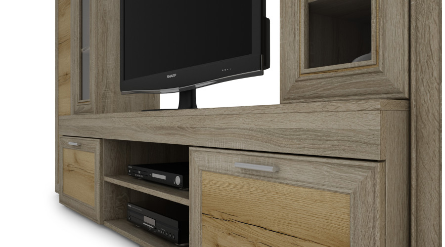 Maža sieninė spintelė su vitrina ir vieta televizoriui, 266 × 210 cm, Sonoma Jasna / Dąb Grand Naturalny – APOLLO - Paveikslėlis 4