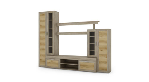 Maža sieninė spintelė su vitrina ir vieta televizoriui, 266 × 210 cm, Sonoma Jasna / Dąb Grand Naturalny – APOLLO