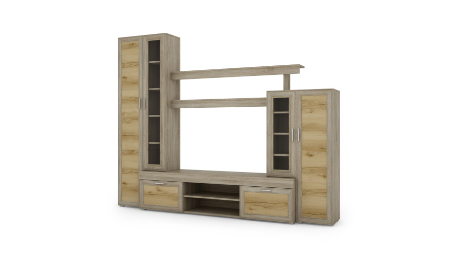 Maža sieninė spintelė su vitrina ir vieta televizoriui, 266 × 210 cm, Sonoma Jasna / Dąb Grand Naturalny – APOLLO