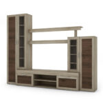 Maža sieninė spintelė su vitrina ir televizoriaus erdve 266 × 210 cm, Sonoma Jasna / Orzech Okapi – APOLLO