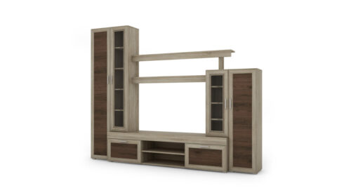 Maža sieninė spintelė su vitrina ir televizoriaus erdve 266 × 210 cm, Sonoma Jasna / Orzech Okapi – APOLLO