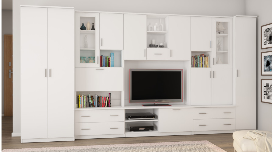 Erdvi sieninė spintelė, 400 cm pločio, spintos, spintelės, televizorius, lentynos, baras, Biel- CYKLON - Paveikslėlis 2