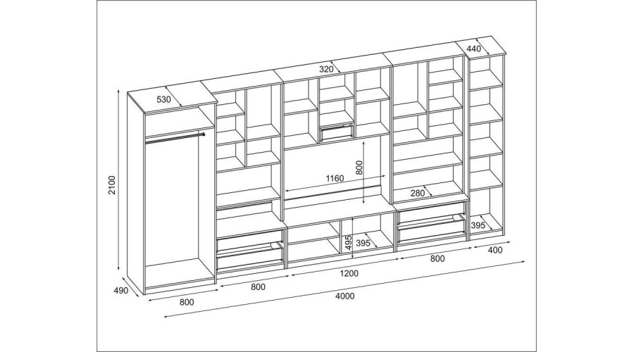 Erdvi sieninė spintelė, 400 cm pločio, spintos, spintelės, televizorius, lentynos, baras, Biel- CYKLON - Paveikslėlis 7