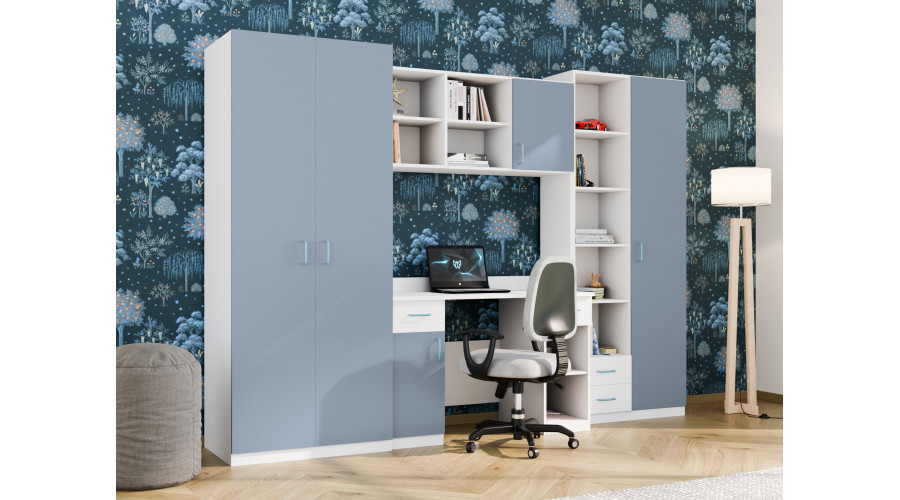 Vaikiška sieninė spintelė su stalu, lentynomis ir dviem spintomis 280 × 200 cm Biel / Niebieski Kredowy – BRAVO - Paveikslėlis 2