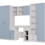 Vaikiška sieninė spintelė su stalu, lentynomis ir dviem spintomis 280 × 200 cm Biel / Niebieski Kredowy – BRAVO