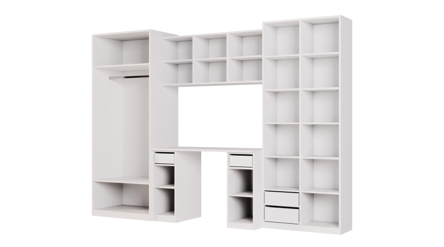 Vaikiška sieninė spintelė su stalu, lentynomis ir dviem spintomis 280 × 200 cm Biel / Niebieski Kredowy – BRAVO - Paveikslėlis 3