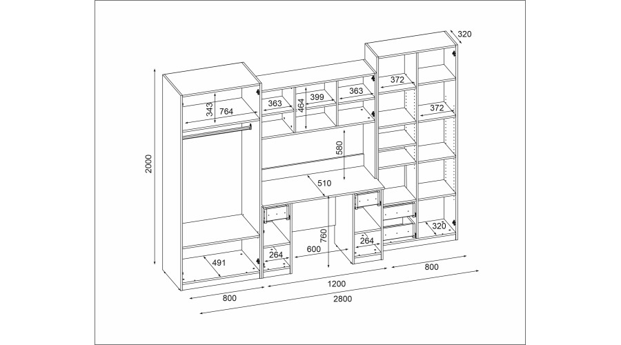 Vaikiška sieninė spintelė su stalu, lentynomis ir dviem spintomis 280 × 200 cm Biel / Niebieski Kredowy – BRAVO - Paveikslėlis 5