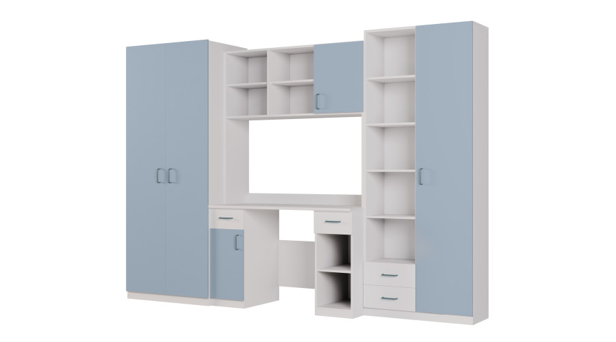 Vaikiška sieninė spintelė su stalu, lentynomis ir dviem spintomis 280 × 200 cm Biel / Niebieski Kredowy – BRAVO