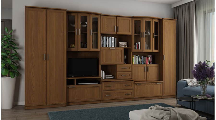 Sieninė spintelė su erdviomis spintomis, lentynomis, spintelėmis, televizoriumi, vitrinomis, plotis 360 cm - HAVANA Wiśnia Porto — изображение 2