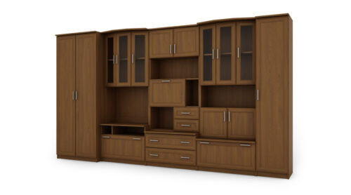 Sieninė spintelė su erdviomis spintomis, lentynomis, spintelėmis, televizoriumi, vitrinomis, plotis 360 cm – HAVANA Wiśnia Porto