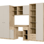 Jaunimo sieninė spintelė su stalu, lentynomis ir dviem spintomis 280 × 200 cm, Dąb Grand / Kaszmirowy Beż – BRAVO