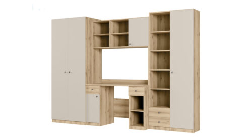 Jaunimo sieninė spintelė su stalu, lentynomis ir dviem spintomis 280 × 200 cm, Dąb Grand / Kaszmirowy Beż – BRAVO