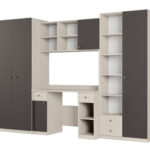 Jaunimo sieninė spintelė su stalu, lentynomis ir dviem spintomis 280 × 200 cm Kaszmirowy Beż / Szary Grafit  – BRAVO